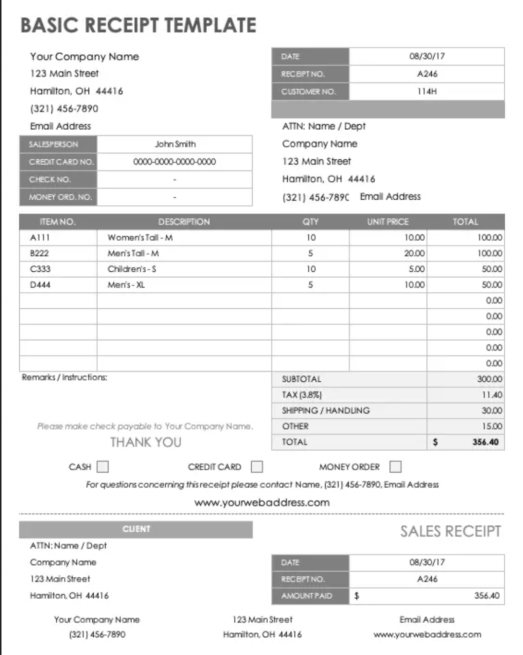 basic sales receipt from Smartsheet