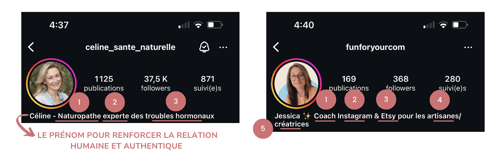 2 biographies Instagram avec une photo de profil et une biographie optimisée pour le référencement. Les 2 profils contiennent des mots clés et le prénom pour renforcer la relation humaine.