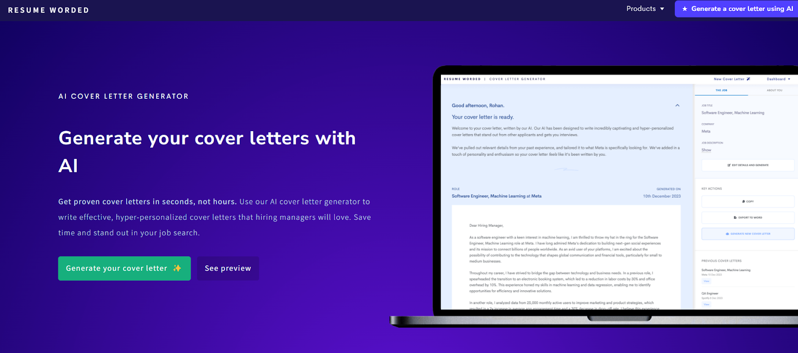 ResumeWorded AI Cover Letter Generator