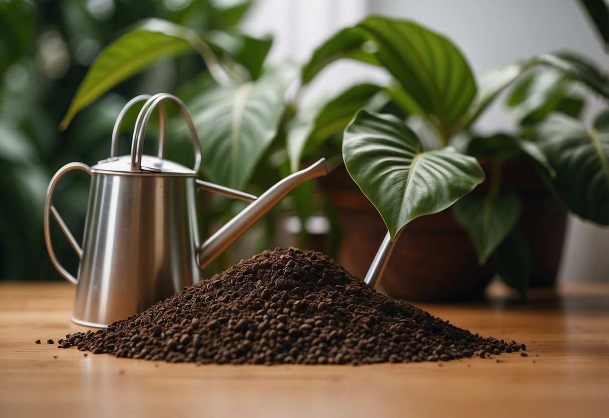 A bag of well-draining soil sits next to a lush Philodendron plant, with a watering can nearby. The soil is loose and rich, perfect for the plant's needs