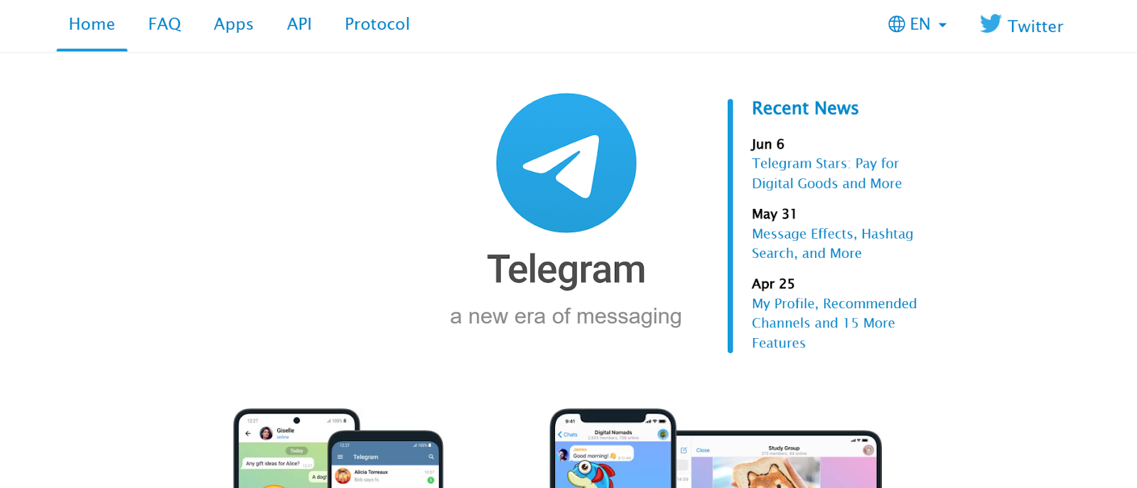 Telegram website snapshot highlighting the services it offers.