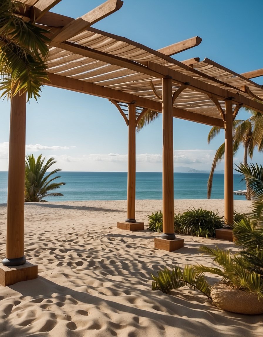 A beach-style pergola with a sand floor, surrounded by palm trees and overlooking the ocean