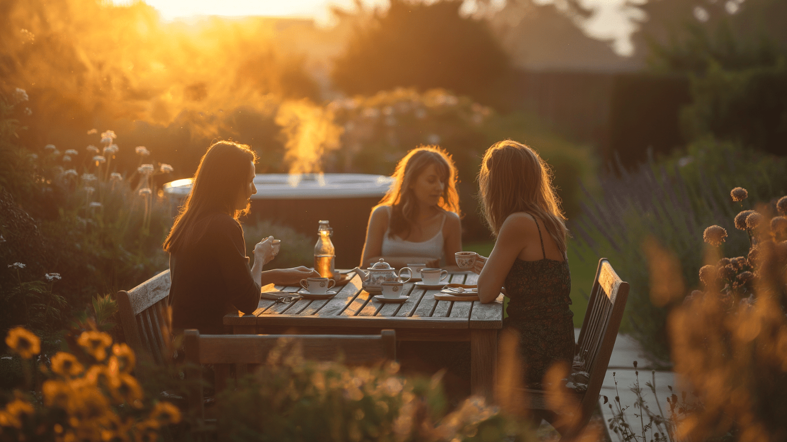 Three friends enjoying a sunset dinner in the garden of a luxury cottage rental with a hot tub in the background