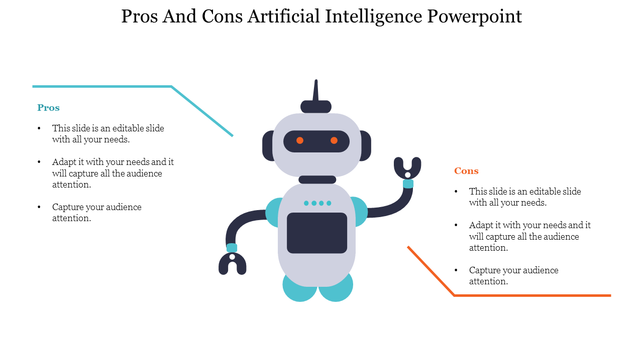 Pros and cons of AI PowerPoint slide featuring a friendly robot illustration.