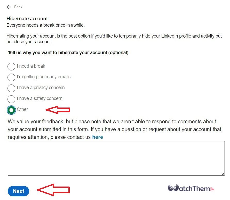 Deactivating LinkedIn Account From PC: Choose a Reason and Click Next