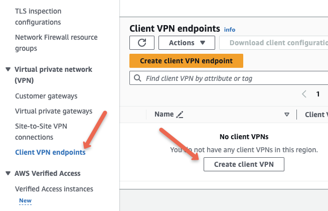 Create Client VPN option under VPC