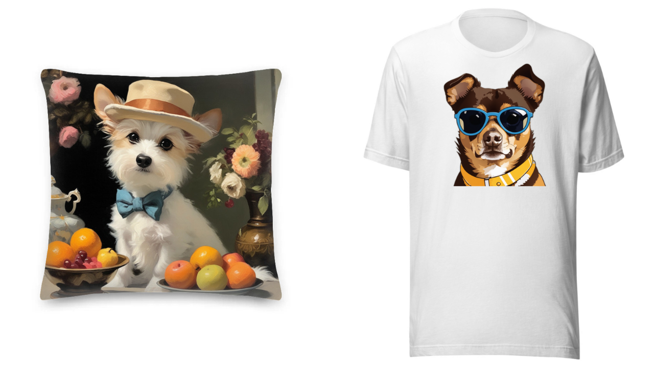 Custom dog pillow with a dog next to a bowl of fruit on the left; custom dog t-shirt with a cool dog in sunglasses on the right 