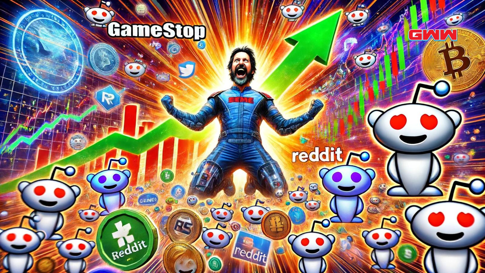 Explosive growth with Reddit and GameStop logos, stock market graphics