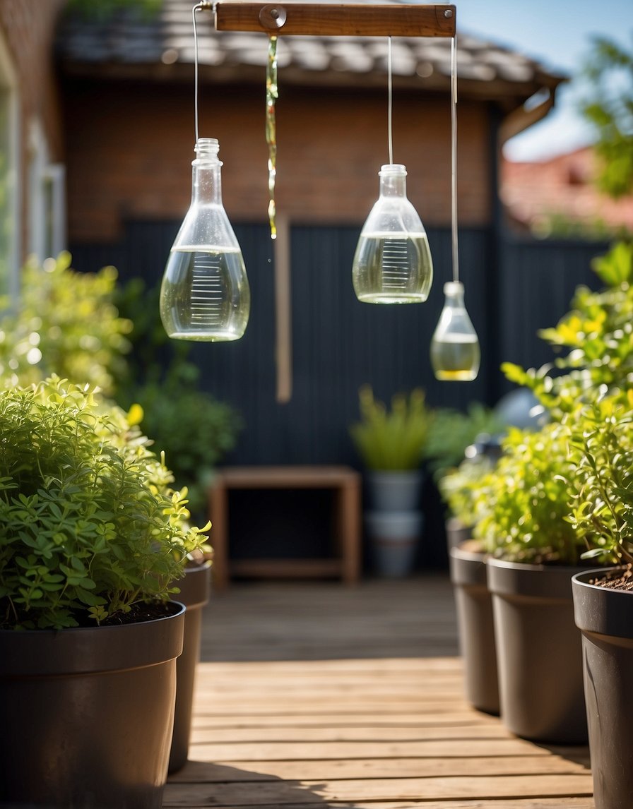 A patio with DIY vinegar traps set up to catch flies. Various methods displayed to get rid of flies outdoors