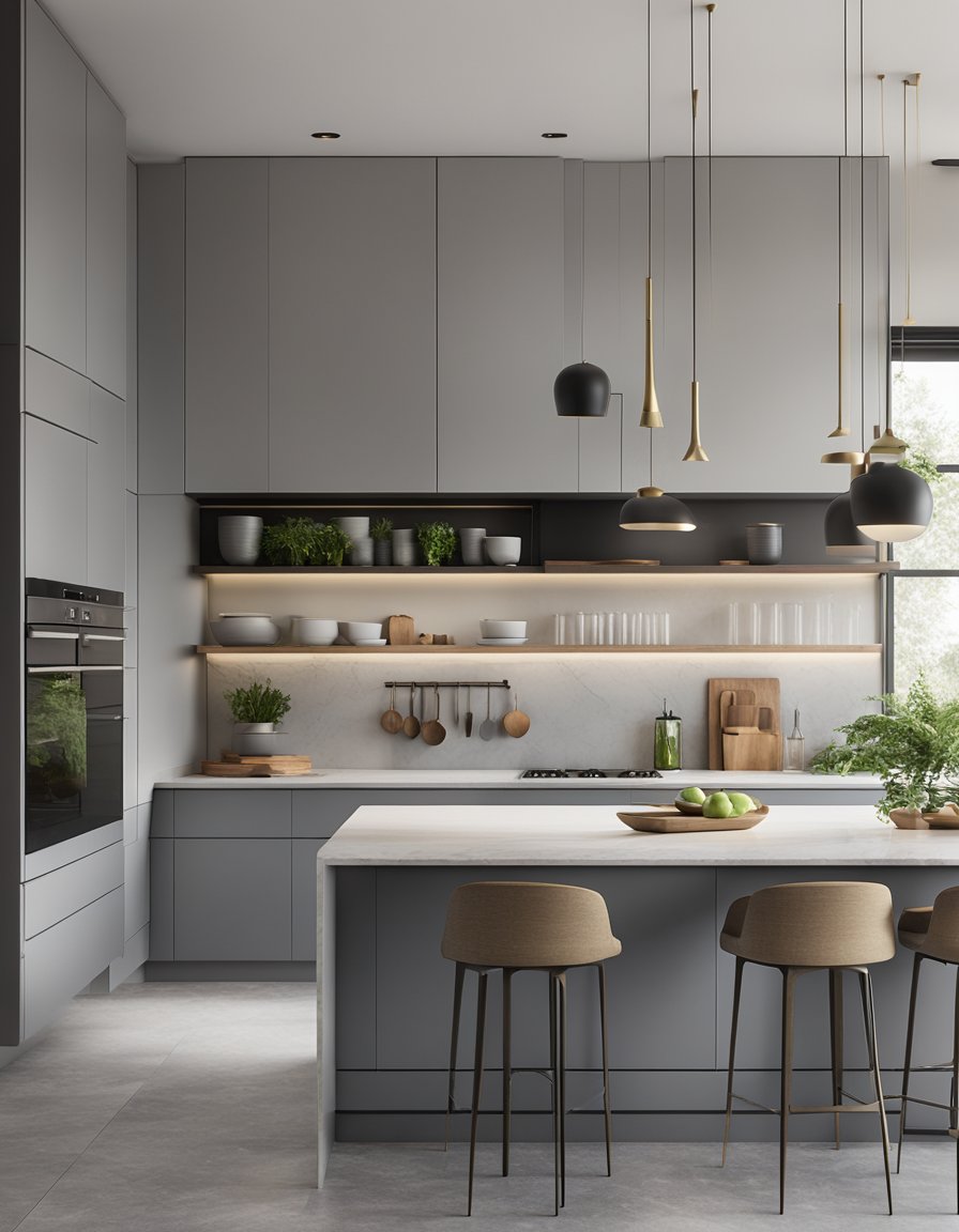 A modern kitchen with light gray cabinets and floating shelves