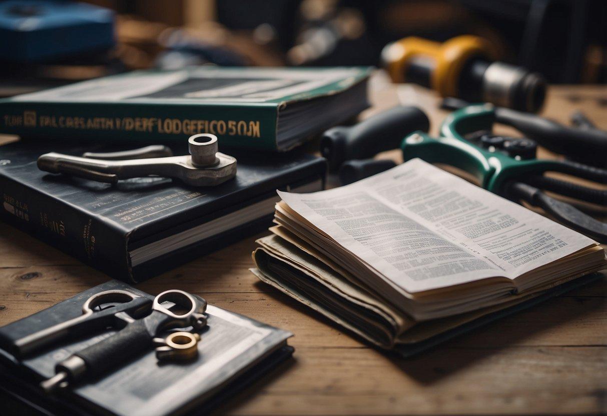 An open workshop manual lies next to an owner's manual on a cluttered workbench. Tools and car parts surround them, indicating a car repair service or DIY project