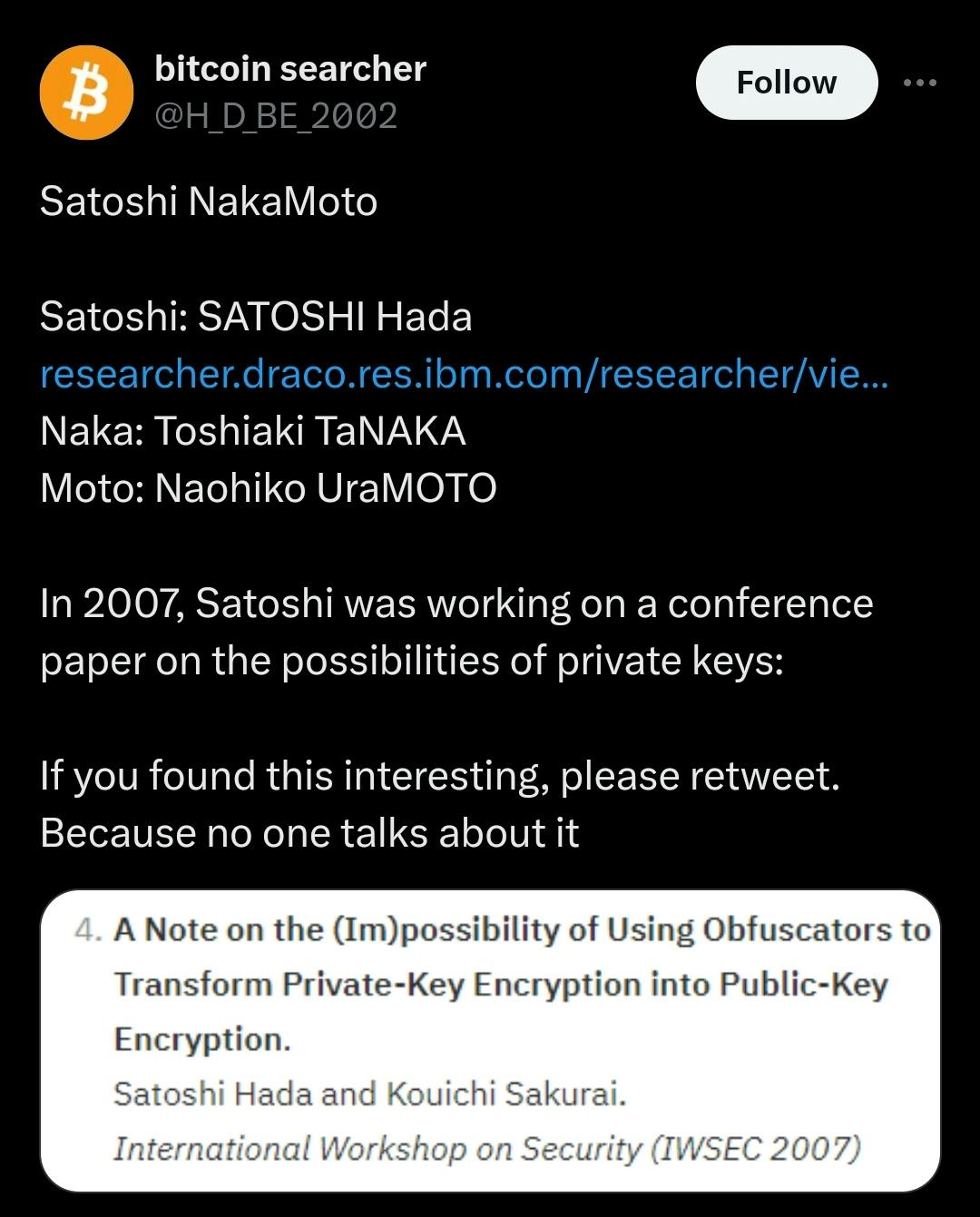 Một tweet và bằng chứng cho rằng Satoshi NakaMoto là ba người, kết hợp tên đầu và họ của họ.