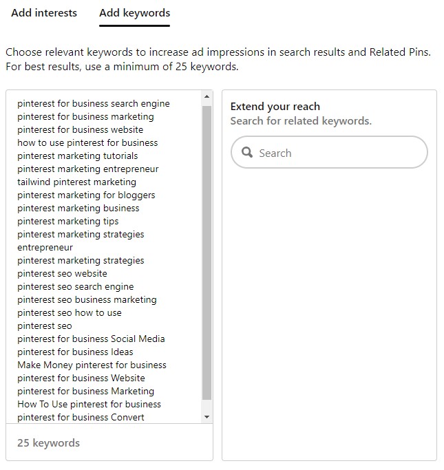 adding keywords to your Pinterest conversion campaign