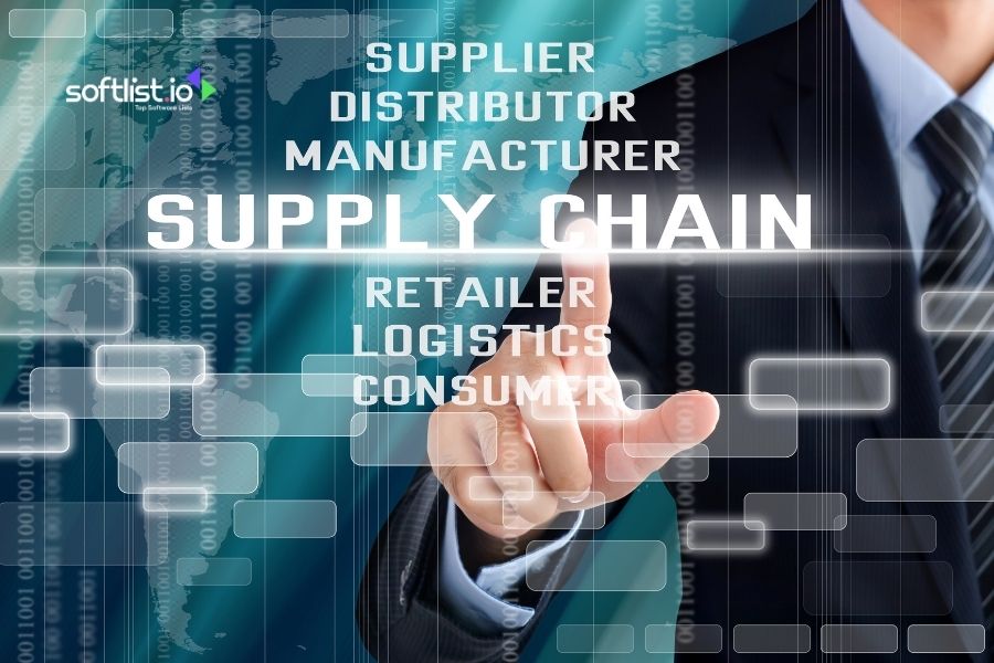 Businessman interacting with a virtual supply chain network graphic.