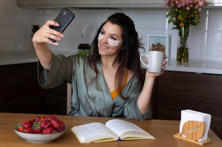 A woman taking selfie holding a mug