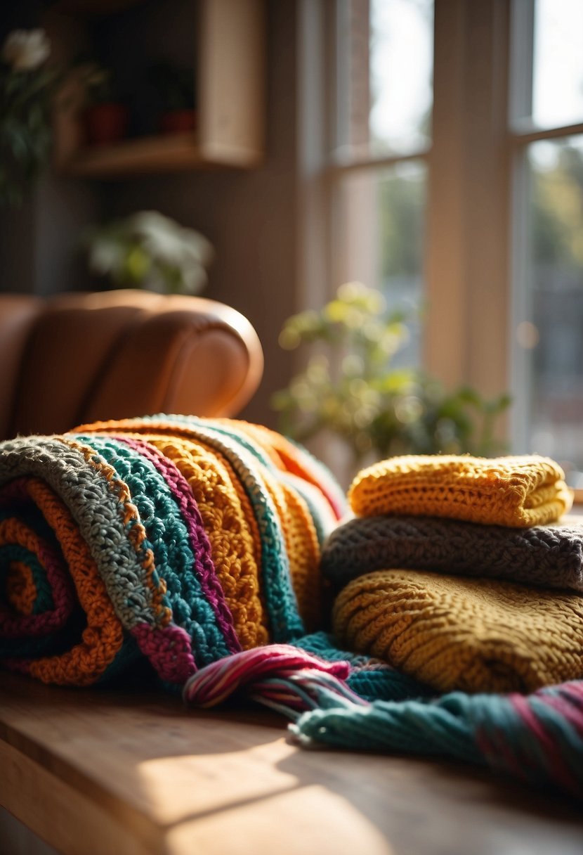 A cozy living room with a stack of colorful crocheted blankets on a wooden shelf, surrounded by yarn and crochet hooks. The sunlight streams in through the window, casting a warm glow on the scene