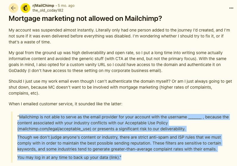 Example of Mailchimp not accepting an industry