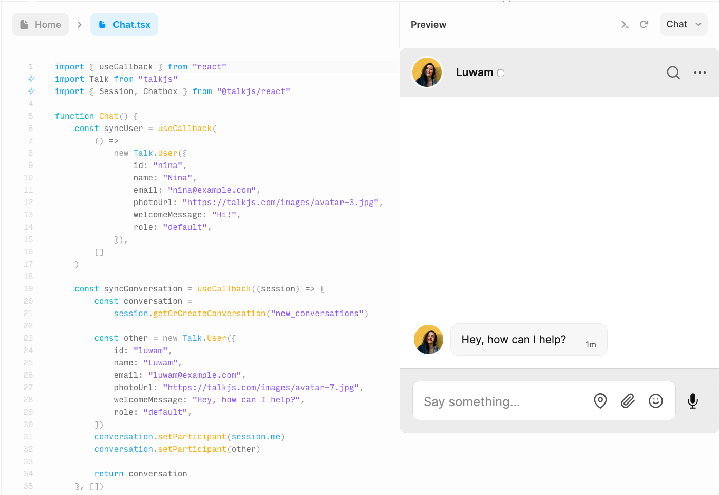 Overview of editing a code component in a Framer project. On the left is an opened code editor for the Chat.tsx file, with a code snippet to integrate TalkJS chat into Framer. On the right is a preview of the Chat code component. The chat window shows a conversation with Luwam, who asks: ‘Hey, how can I help?’.