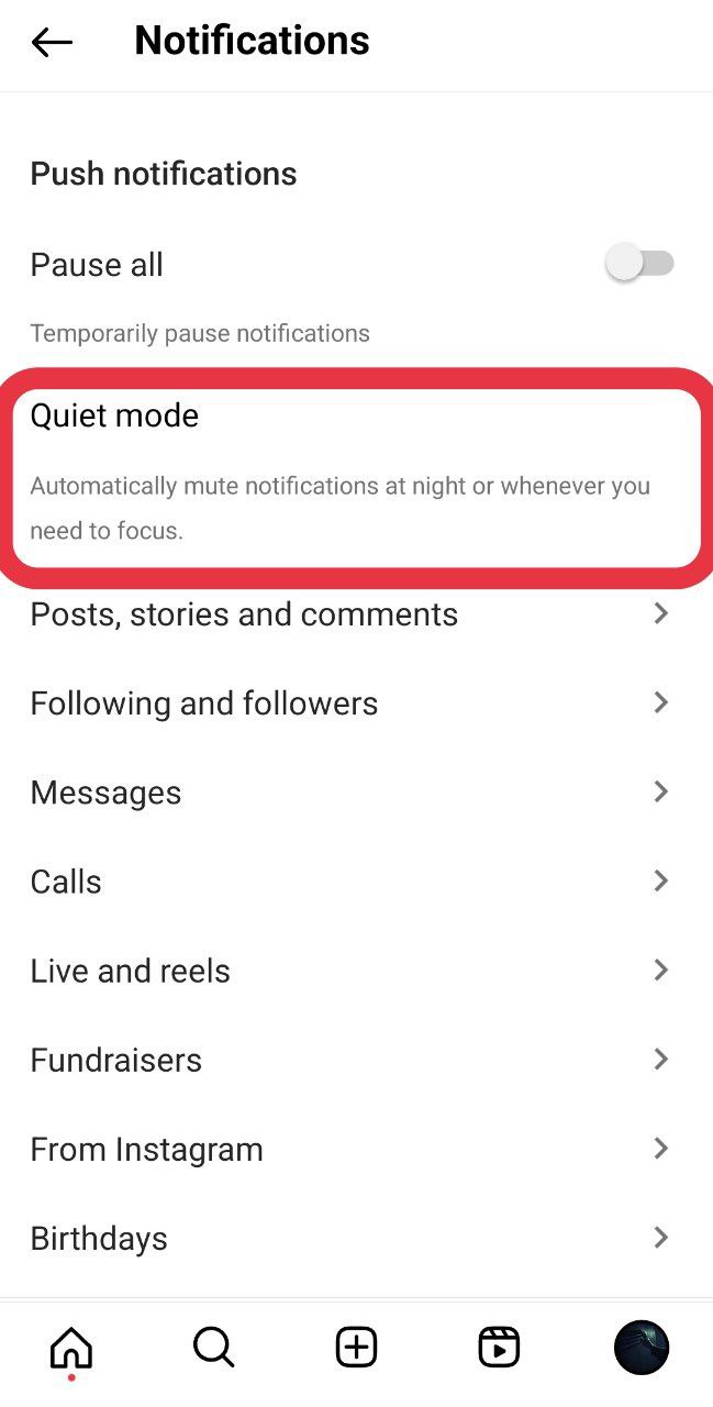 How to turn on quiet mode on Instagram - Step 3