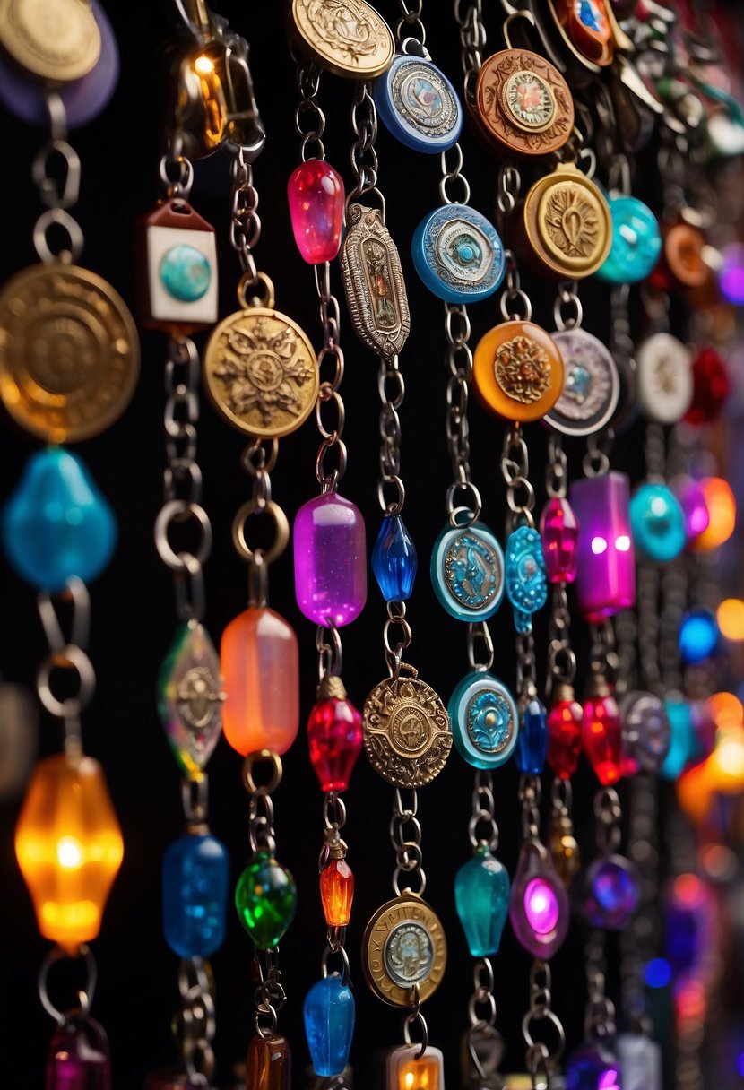 A table filled with colorful custom keychains displayed for sale at a craft fair. Bright lights illuminate the intricate designs and various shapes, ready to attract potential buyers