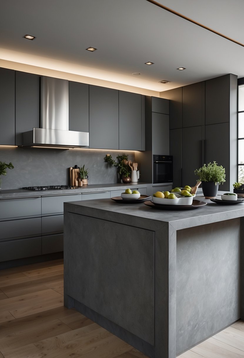 The kitchen features 35 sleek gray cabinets with concrete countertops