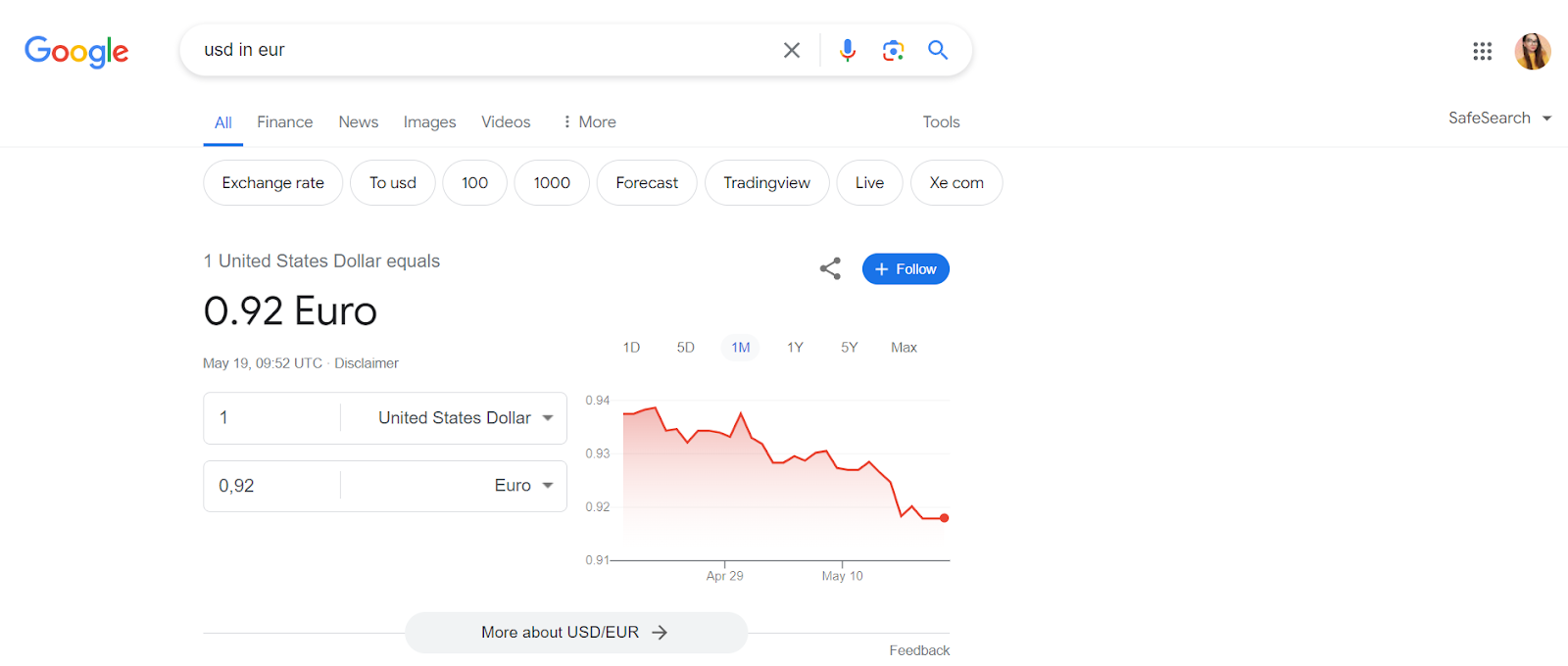 Search query for “USD in EUR”