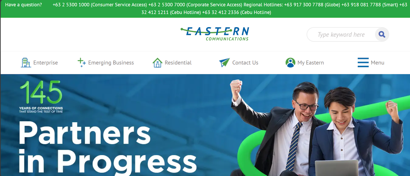 Eastern Communications website snapshot highlighting the services it offers.