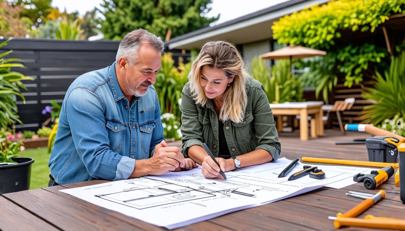 A couple consults with a Decking & Fencing team for backyard project.
