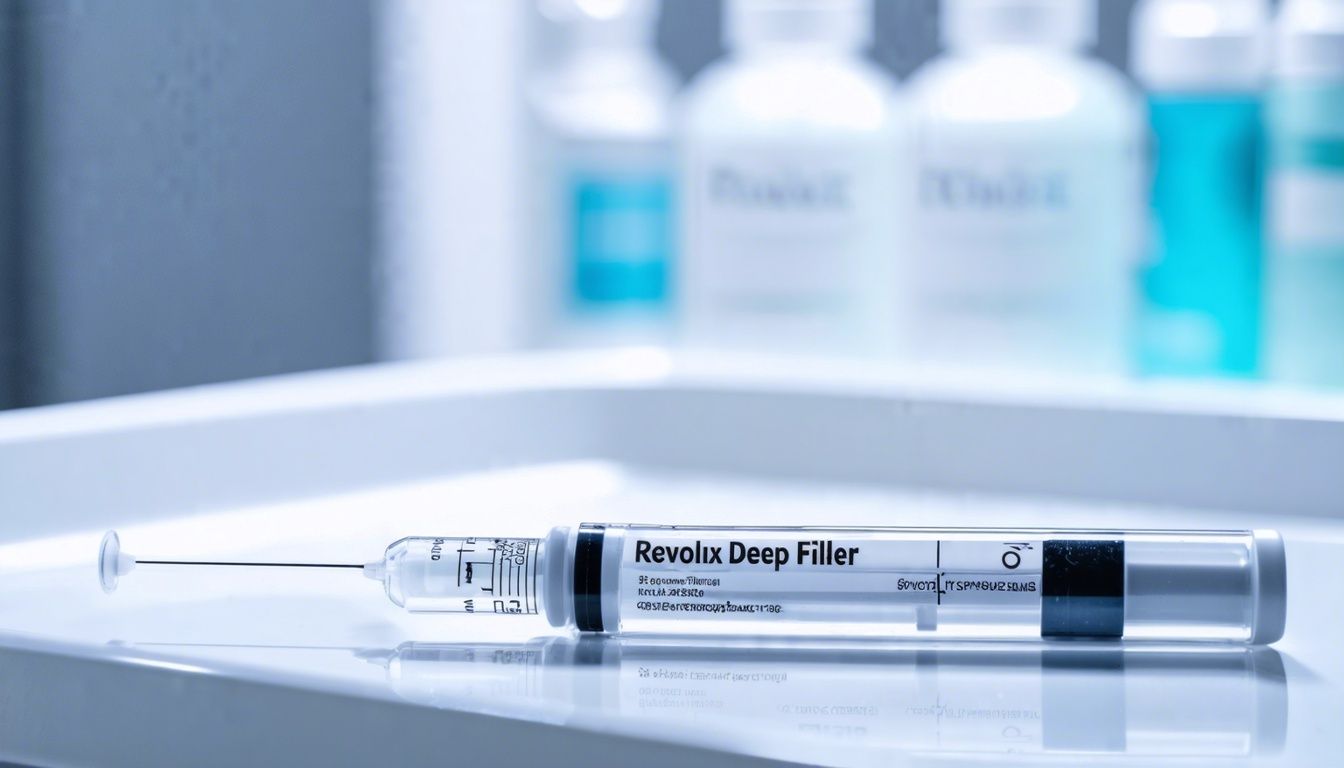 A Revolax Deep Filler syringe displayed on a medical tray.