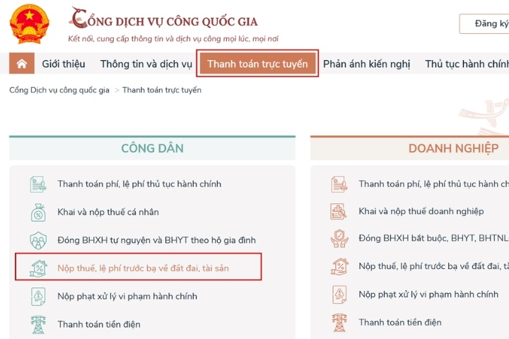 Nhấn chọn Thanh toán trực tuyến, chọn tiếp Nộp thuế, lệ phí trước bạ về đất đai, tài sản