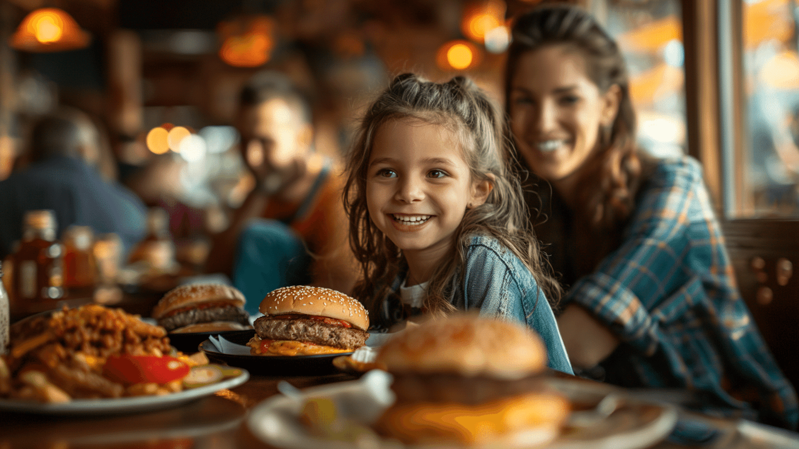 A mom and daughter enjoying a meal in a bustling restaurant in Palmetto Dunes