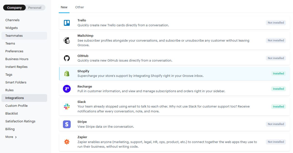 Groove features a number of third-party application integrations, including Trello, Zapier, and Slack. 