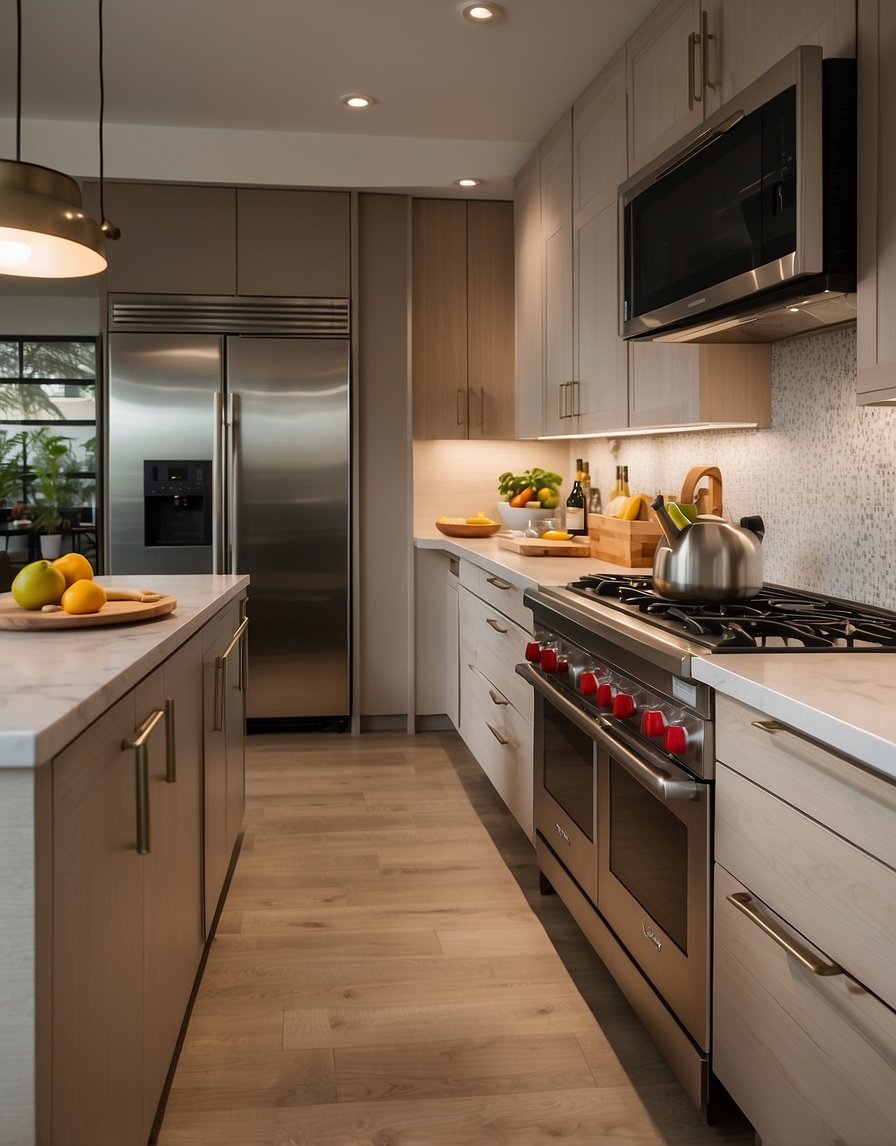 A modern kitchen with almond-colored cabinets, sleek countertops, and stainless steel appliances. Warm lighting creates a cozy atmosphere