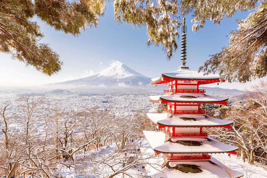 snowy Mount Fuji and a Monastery in Japan