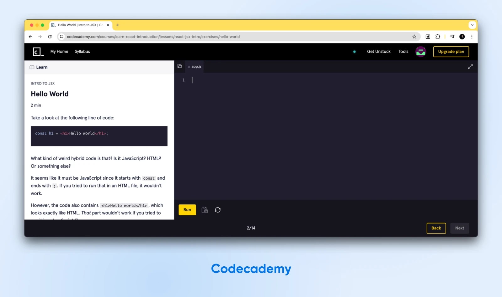 El curso Learn React de Codecademy te brinda instrucciones y te permite practicar