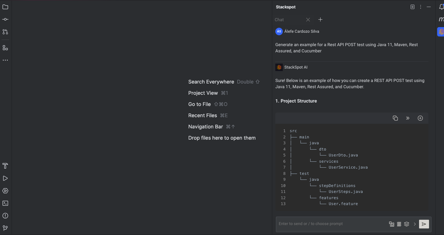 Image from the article on automated Rest API testing. IntelliJ IDE with StackSpot AI Plugin, in the image, we have the IDE with chat for interaction. We asked the question, "Generate an example for POST test of Rest API, using Java 11, Maven, Rest Assured, and Cucumber." We got an answer with code examples to copy to the project created.