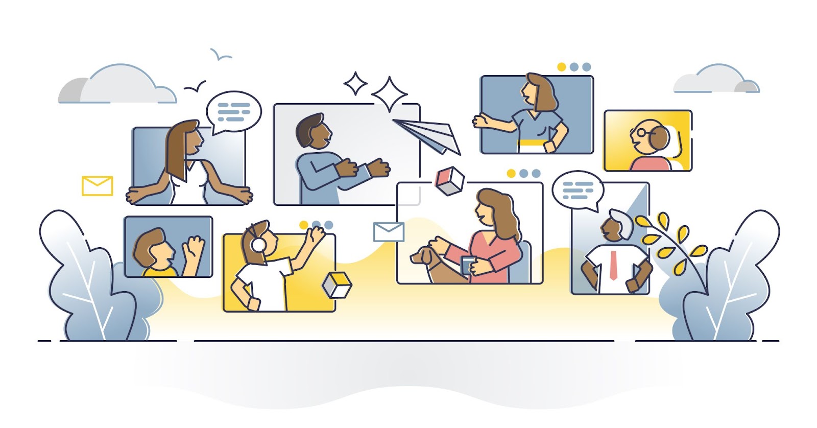 Illustration of diverse individuals engaging in virtual communication via various digital devices, set against a backdrop of clouds and plants, highlighting the essence of virtual team building.