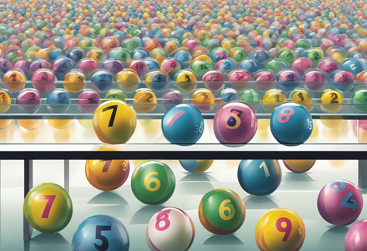 Lottery balls spinning in a clear glass container, with numbers printed on them. People eagerly watching as the balls are drawn one by one