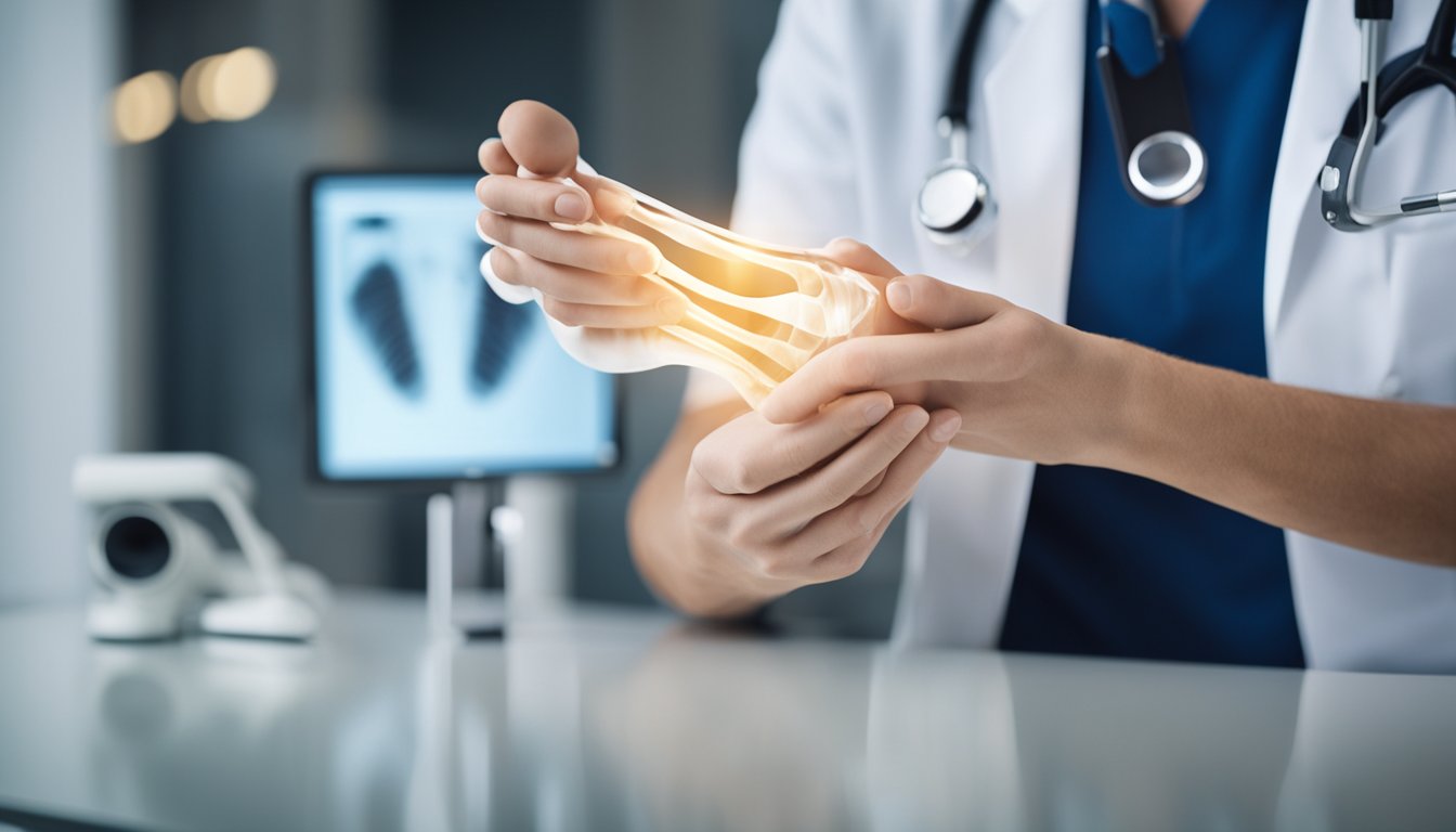 An ankle specialist carefully examines a patient's foot X-ray