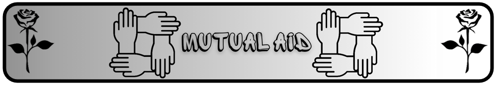 "Mutual Aid" on a grey-white gradient, flanked on each side by a loop of interlocking hands, with a white rose on either side