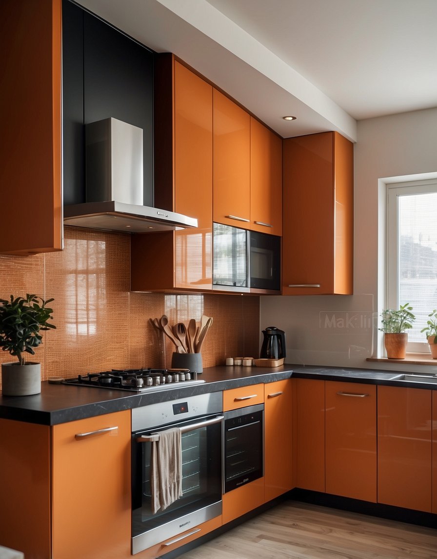 A kitchen with burnt orange cabinets, warm and inviting. Natural light streaming in, casting a soft glow on the sleek, modern design