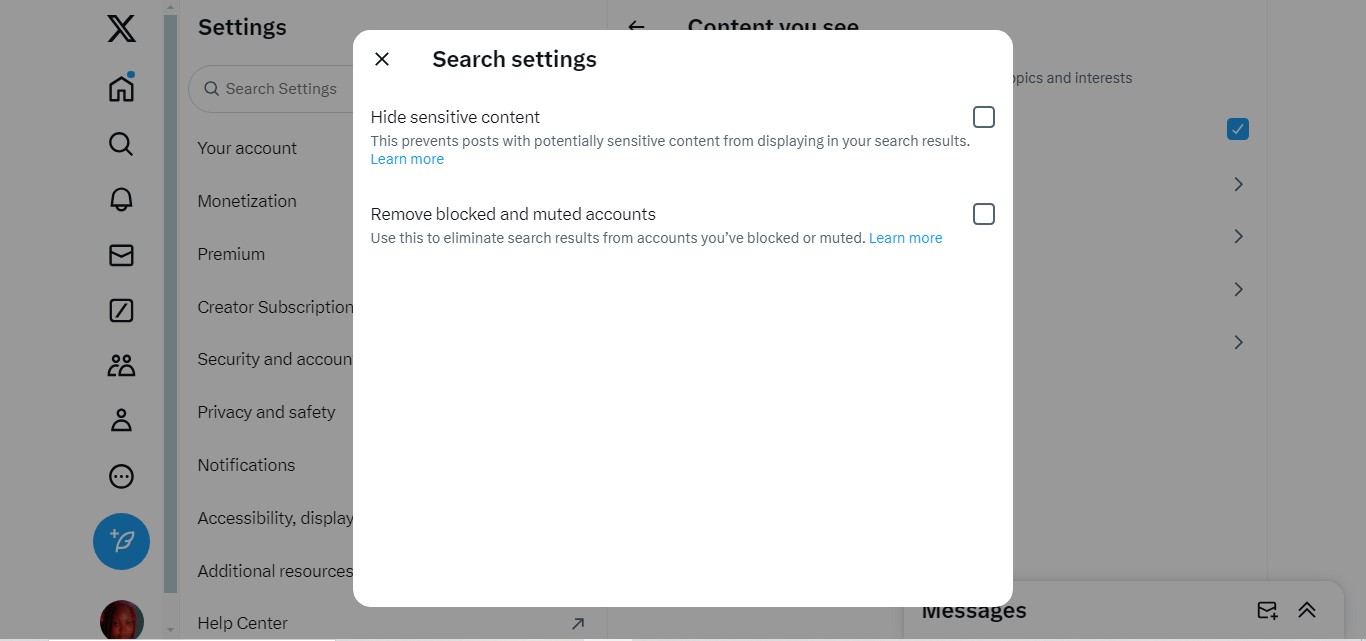 Twitter search settings