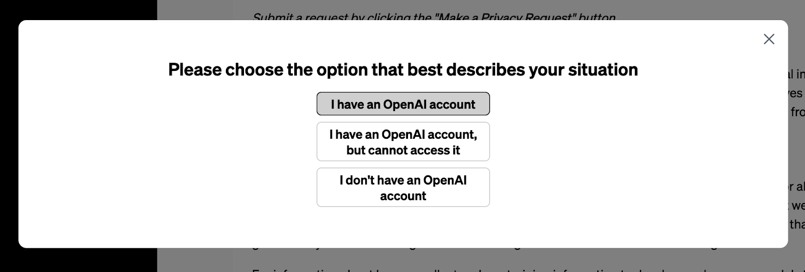 OpenAI公式のOpenAI Privacy Request Portalでアカウント状況を選択する画面