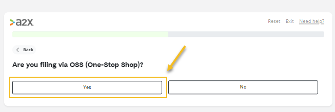 A screenshot of the A2X Accounts and Taxes Mapping questionnaire: Are you filing via OSS?