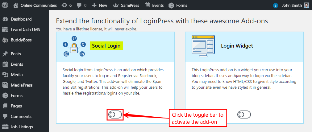 LoginPress Add-ons - Activating an add-on