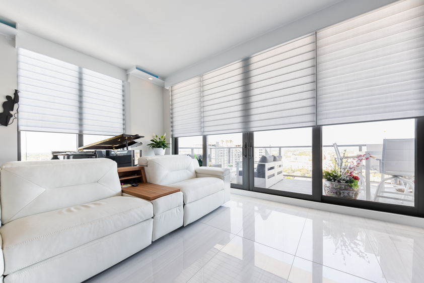 Living room area with white shades