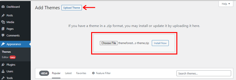 Upload the7 theme zip file