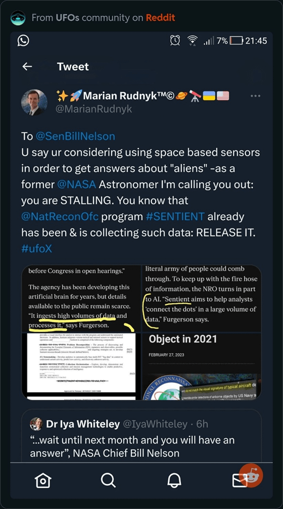 r/UFOB - Rudnyk calls out Bill Nelson over Sentient