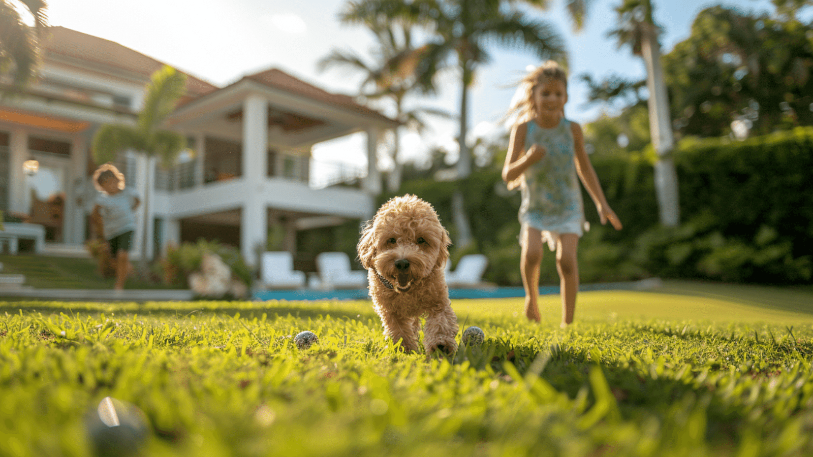 Children and their pet enjoying some outdoor fun at a Palmetto Dunes luxury vacation rental