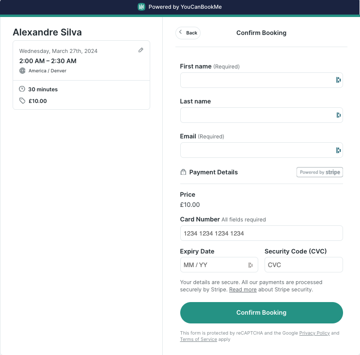 taking payments for bookings via stripe in youcanbookme